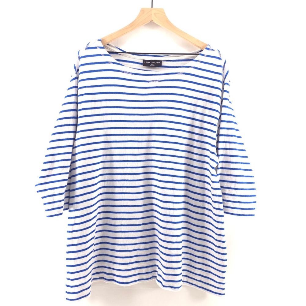 Lane Bryant Women Top 18/20 Blue White Striped 3/4 Sleeve Cotton Nautical Scoop